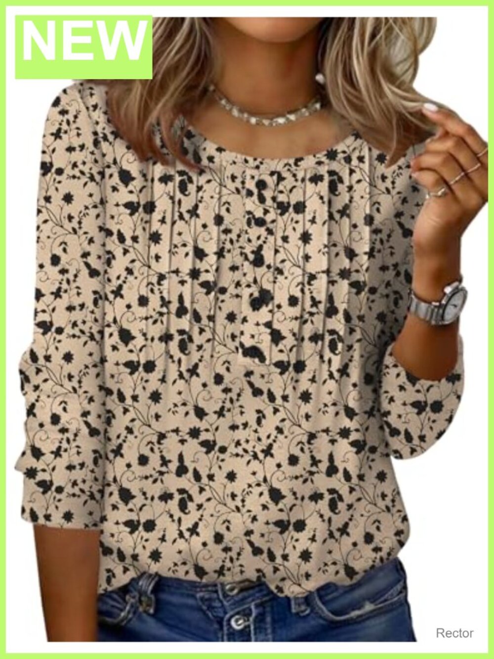 Zeagoo Womens 3/4 Sleeve Pleated Tunic Top Round Neck Casual T-Shirt